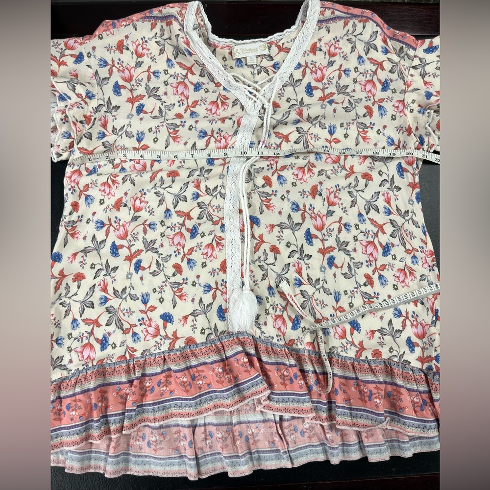 Boho Floral Tassel Tie Cream Blouse with Coral Trim - Picture 8 of 9